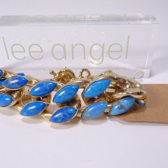 Lee Angel Brass Turquoise Teardrop Think 2 D Link Bracelet NWT 289 - Picture 16 of 16